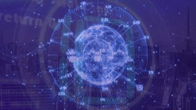 Grid ring materializing around hologram globe data lines extending flickering labels for monitoring. Holograph, futuristic, data visualization, cyber, digital, technology, interface - Powered by Shutterstock - Get 15% off with code: PIKWIZARD15