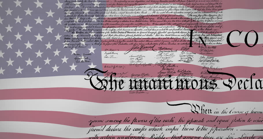 Initiating with American flag and document revealing text, fading date, forming emblem. Patriotism, heritage, celebration, history, symbolism, national, vintage