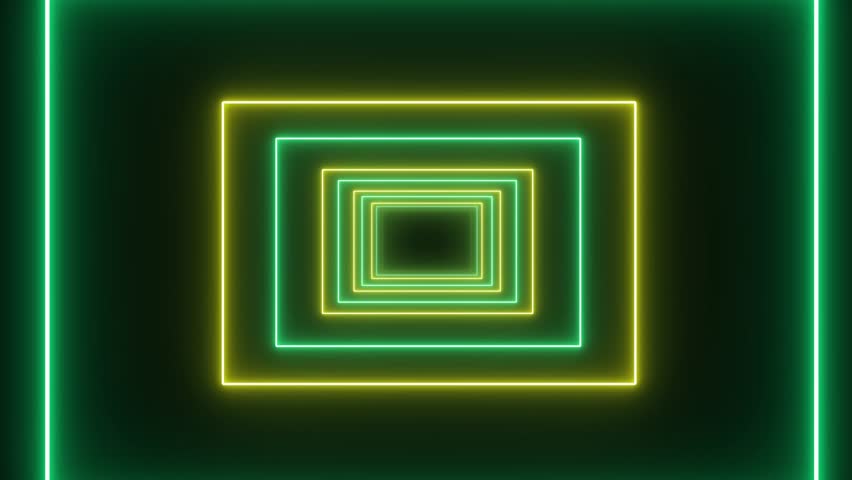 Neon glowing triangle tunnel with light lines on a transparent background. Flying through a neon futuristic endless triangle tunnel.