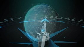 At start compass needle rotating clockwise over globe with code overlays showing quality focus. Futuristic, technology, innovation, precision, data, network, global - Powered by Shutterstock - Get 15% off with code: PIKWIZARD15