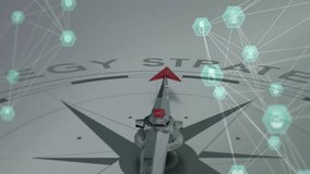 Starting compass needle rotating clockwise below STRATEGY text hex icons pulsing showing strategy. Navigation, innovation, digital, analytics, decision-making, technology, futuristic - Powered by Shutterstock - Get 15% off with code: PIKWIZARD15