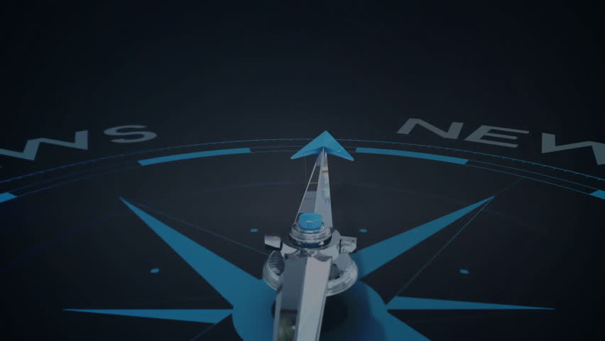 Light beam sweeping digital compass, purple hex icons drifting, needle rotating to highlight NEWS. Navigation, technology, futurism, data, information, interface, innovation