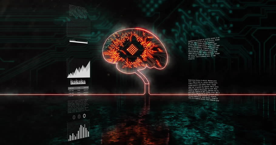 On interface startup glowing brain icon connecting neon line, charts sliding visualizing data flow. Technology, analytics, data visualization, digital, futuristic, interface, artificial intelligence