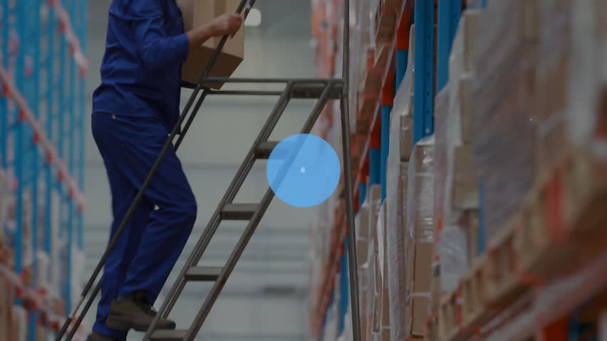 Warehouse worker carrying box climbing ladder while network icons expanding into inventory map. Logistics, automation, distribution, technology, industrial, efficiency, digital