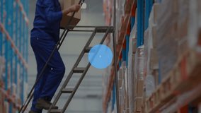 Warehouse worker carrying box climbing ladder while network icons expanding into inventory map. Logistics, automation, distribution, technology, industrial, efficiency, digital - Powered by Shutterstock - Get 15% off with code: PIKWIZARD15