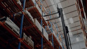 Forklift mast entering frame starting forks rising and linking node icons showing warehouse network. Logistics, supply chain, automation, connectivity, industrial, digital, technology - Powered by Shutterstock - Get 15% off with code: PIKWIZARD15