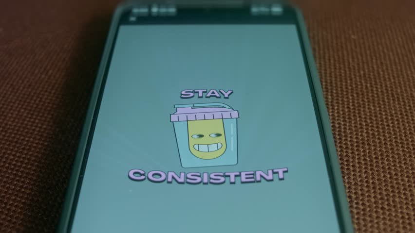 Text Stay Consistent with happy water cup, graphic presentation