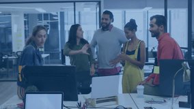 Business team aligning monitor and tapping keyboard revealing animated network overlay for review. Collaboration, teamwork, innovation, digital interface, office environment, connection, communication - Powered by Shutterstock - Get 15% off with code: PIKWIZARD15