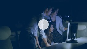 Three colleagues pointing at monitor causing network nodes, icons expanding visualizing network. Collaboration, technology, digital, connection, innovation, teamwork, futurism - Powered by Shutterstock - Get 15% off with code: PIKWIZARD15