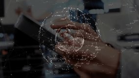 Businesswoman swiping handheld device on desk and activating rotating digital globe overlay. Technology, innovation, collaboration, digital, professional, futuristic, data - Powered by Shutterstock - Get 15% off with code: PIKWIZARD15