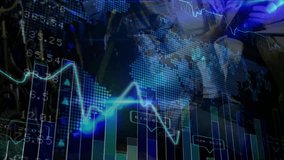 Analyst tapping tablet monitoring neon-blue line graph pulsing transparent bar chart in tech lab. Data, analytics, visualization, dashboard, connectivity, technology, innovation - Powered by Shutterstock - Get 15% off with code: PIKWIZARD15