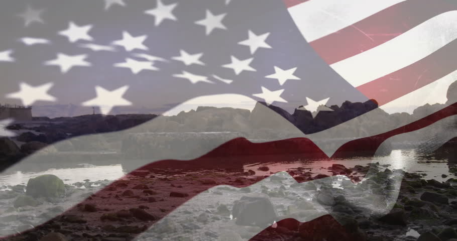 Upon start American flag appearing over rocky coast and calm ocean rippling evoking patriotism. Patriotism, serenity, resilience, symbol, calmness, tradition, environment