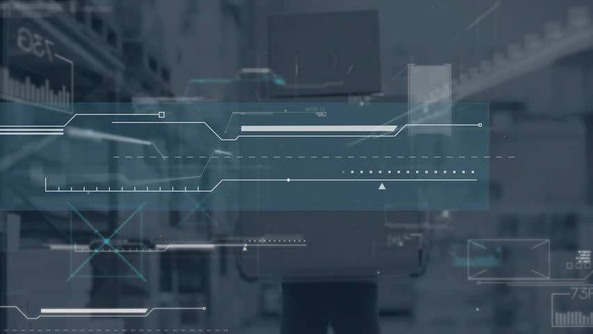 Logistics associate carrying boxes entering aisle activating holographic UI showing inventory data. Industrial, technology, logistics, warehouse, data, automation, analytics - Powered by Shutterstock - Get 15% off with code: PIKWIZARD15