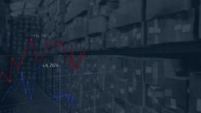 Warehouse corridor holding metal shelves then red and blue lines emerging and animating data trends. Data visualization, analytics, logistics, industrial, business intelligence, digital, abstract - Powered by Shutterstock - Get 15% off with code: PIKWIZARD15