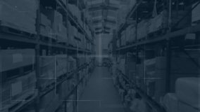 After scene loading, warehouse aisle HUD elements fading in and sliding to visualize inventory scan. Inventory, logistics, technology, data visualization, industrial, analysis, supply chain - Powered by Shutterstock - Get 15% off with code: PIKWIZARD15