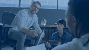 Male colleague pointing charts sparking tech network nodes growing among team showing connectivity. Collaboration, innovation, teamwork, urban, professional, digital, modern - Powered by Shutterstock - Get 15% off with code: PIKWIZARD15