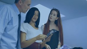 Three colleagues tapping tablet screen in meeting creating expanding cart and padlock network. Collaboration, technology, cybersecurity, digital, enterprise, data, innovation - Powered by Shutterstock - Get 15% off with code: PIKWIZARD15