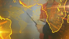 Digital map overlay scanning revealing team analyzing business charts for planning with globe. Collaboration, teamwork, innovation, brainstorming, data analysis, digital interface, modern workspace - Powered by Shutterstock - Get 15% off with code: PIKWIZARD15