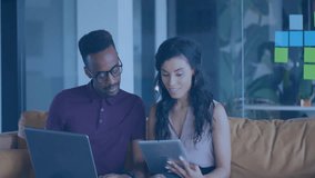 Tech team tapping tablet and pointing laptop screen in office visualizing glowing user icon network. Collaboration, digital, connectivity, innovation, communication, modern, workspace - Powered by Shutterstock - Get 15% off with code: PIKWIZARD15