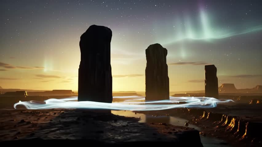A cinematic sci-fi video showcasing giant floating black monoliths hovering above a glowing alien canyon at sunset. The surreal landscape features rippling energy waves, golden light reflecting on can