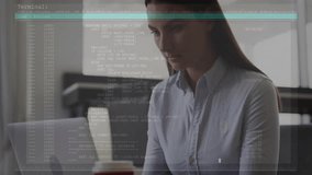 Mid adult woman reaching laptop and typing in café, displaying terminal SQL overlay loading data. Technology, collaboration, innovation, modern, professional, digital, workspace - Powered by Shutterstock - Get 15% off with code: PIKWIZARD15