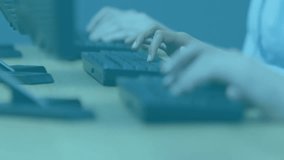 Customer support agent typing and raising headset, floating icons updating user profile for review. Technology, digital, interface, communication, collaboration, modern, professional - Powered by Shutterstock - Get 15% off with code: PIKWIZARD15