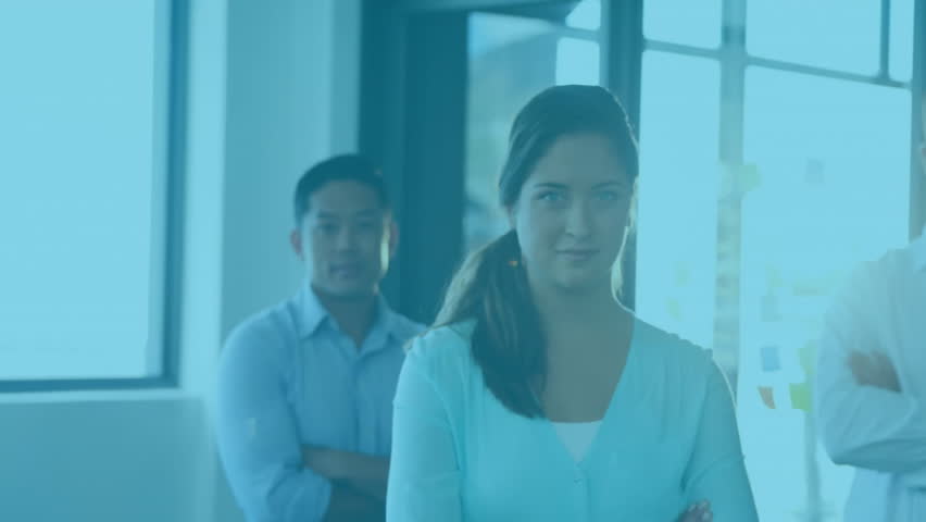 Location-pin icon appearing above woman, guiding business team amid floating icons showing growth. Collaboration, teamwork, innovation, networking, office, success, modern - Powered by Shutterstock - Get 15% off with code: PIKWIZARD15