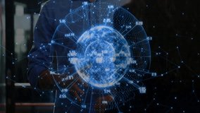 Male colleague swiping transparent interface globe and pinching region for tech data analysis. Holography, data visualization, futuristic, innovation, digital interface, teamwork, technology - Powered by Shutterstock - Get 15% off with code: PIKWIZARD15