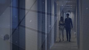 Colleagues walking hallway while holographic circuits and code snippets guiding business meeting. Futuristic, technology, collaboration, innovation, digital, corporate, interface - Powered by Shutterstock - Get 15% off with code: PIKWIZARD15