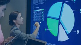 Woman touching touchscreen as man syncing data and generating network overlay on business pie chart. Technology, collaboration, analytics, innovation, digital, professional, data visualization - Powered by Shutterstock - Get 15% off with code: PIKWIZARD15