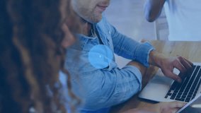Office colleagues typing on laptop and animating tech network overlay with icons for collaboration. Collaboration, technology, digital, workspace, innovation, connectivity, communication - Powered by Shutterstock - Get 15% off with code: PIKWIZARD15