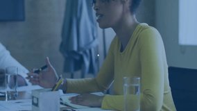 Woman pointing at documents and initiating network icons shaping data web at business meeting. Technology, connectivity, collaboration, digital, innovation, teamwork, modern - Powered by Shutterstock - Get 15% off with code: PIKWIZARD15