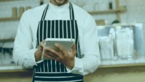 barista tapping tablet screen monitoring social media likes with floating bubble above café counter. Social media, engagement, technology, hospitality, digital, communication, modern - Powered by Shutterstock - Get 15% off with code: PIKWIZARD15