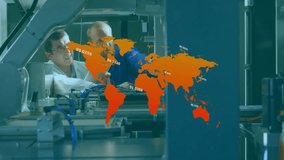 Technicians inspecting wiring analyzing performance in lab while world map fading data appearing. Industrial, collaboration, analysis, automation, data, engineering, technology - Powered by Shutterstock - Get 15% off with code: PIKWIZARD15