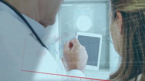 Man raising stylus toward tablet woman tapping and analyzing health data bar chart and line graph. Medical analytics, data visualization, digital health, professional collaboration, futuristic - Powered by Shutterstock - Get 15% off with code: PIKWIZARD15