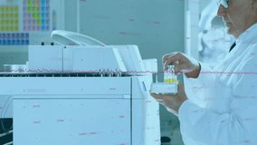 Senior scientist lifting capped test tube triggers lab analyzer loading yellow samples for analysis. Laboratory, research, instrumentation, science, innovation, technology, professional - Powered by Shutterstock - Get 15% off with code: PIKWIZARD15