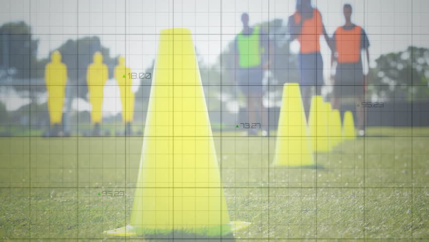 Soccer player tapping ball for weaving training drill through cones with animated metrics rising. Training, athlete, performance, sportswear, analytics, outdoor, competition - Powered by Shutterstock - Get 15% off with code: PIKWIZARD15