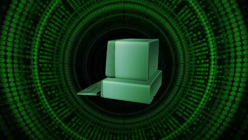 Vintage computer floating in digital tunnel, representing retro technology. Old-fashioned computer surrounded by binary code in a green digital tunnel video loop - Powered by Shutterstock - Get 15% off with code: PIKWIZARD15