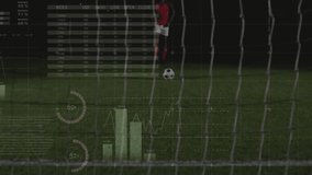 Male soccer player kicking ball for penalty shot on stadium-lit pitch as analytics charts updating. Athletic, sport, competition, digital, technology, visualization, performance - Powered by Shutterstock - Get 15% off with code: PIKWIZARD15