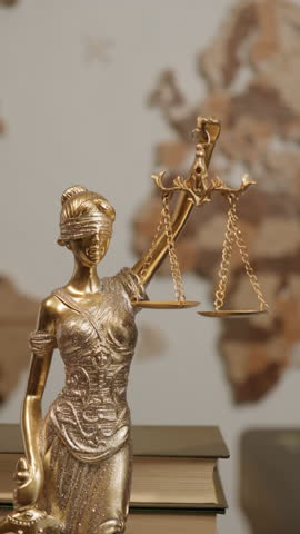 Golden statue of Themis with scales of justice in judge's office, vertical video