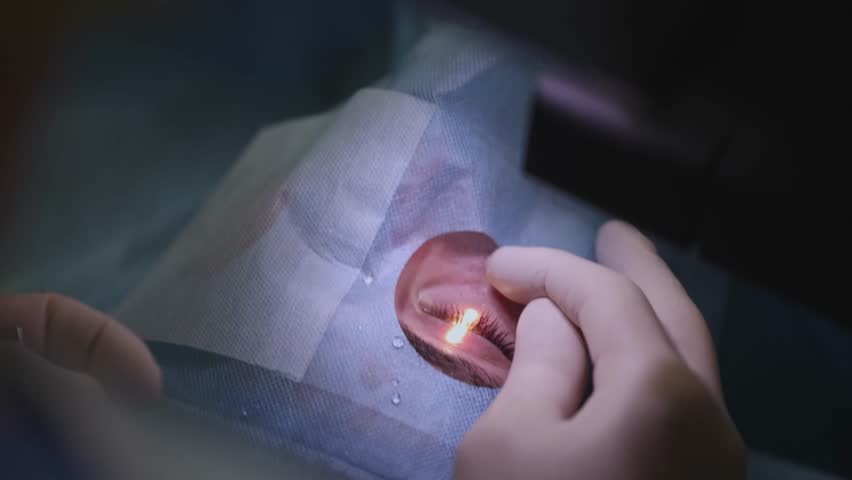 Lasik treatment. Laser vision correction. Doctor examines fundus in microscope, patient under sterile cover