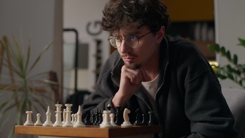 Thoughtful Caucasian man guy grandmaster playing chess at home male ponder brainstorm hipster thinking through tactics player enjoy chessboard mind game tournament moving piece knight checkmate sport