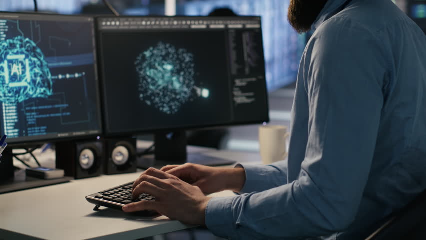 Exhausted computer scientist in server room reviewing neural network outputs, suffering from mental fatigue. Stressed data center IT expert analyzing AI LLM visualization, camera A