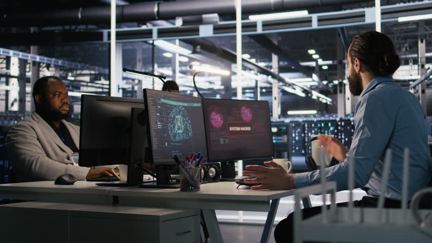 Engineer in server room responding to sudden ransomware detection on monitor, requesting help from manager to protect critical data. Worker reviewing suspicious activity logs, informing team leader