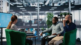 Video call between diverse corporate leaders and investors for a new investment strategy, communication planning and team development with a global network of business experts. Camera A. - Powered by Shutterstock - Get 15% off with code: PIKWIZARD15