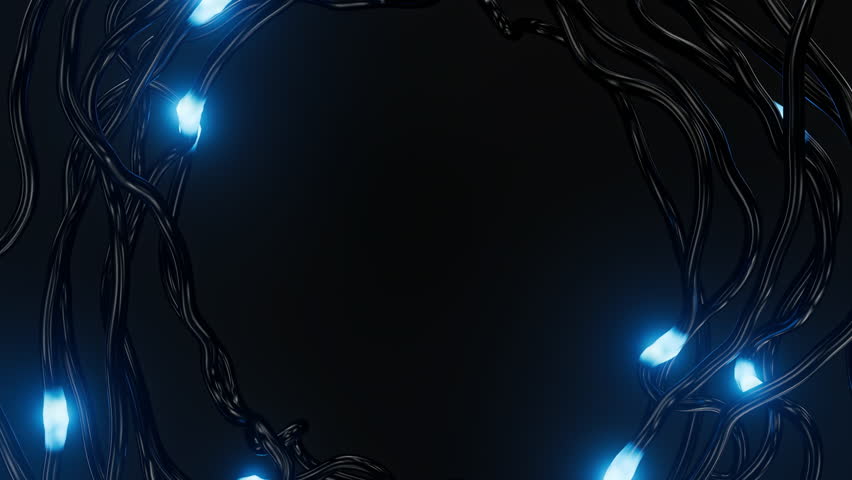 Frame of moving neon glowing lights in glossy tubes. Shiny glass pipes. Loop. Copy space