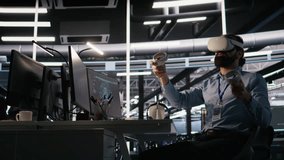 Data center developer using virtual reality technology to visualize artificial intelligence LLM neural networks. Server farm IT expert using VR headset equipment to oversee AI systems, camera A - Powered by Shutterstock - Get 15% off with code: PIKWIZARD15