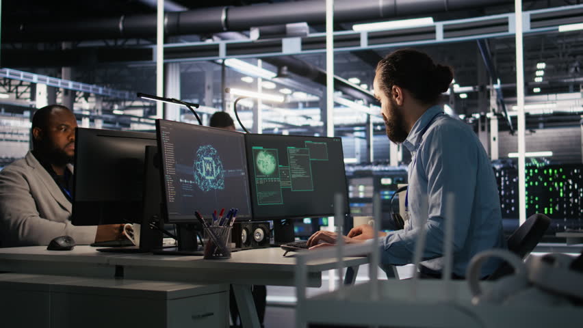 Employee requesting help from manager to fix hacked equipment systems. Stressed data center admin reacting to spyware popup on computer screen, launching emergency response protocol, camera A