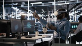 Admin using VR headset in data center to update server tech, configuring equipment using software tools. Server farm employee reviewing hardware analytics using virtual reality, camera A - Powered by Shutterstock - Get 15% off with code: PIKWIZARD15