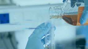 Gloved hands steadying graduated cylinder in lab hand tilting bottle showing overlays tracking 30ml. Laboratory, precision, analysis, research, digital, science, development - Powered by Shutterstock - Get 15% off with code: PIKWIZARD15